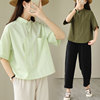 文艺宽松短袖棉质衬衫，女夏2023大码不对称拼接设计感纯色衬衣
