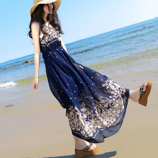 无袖雪纺连衣裙女2024夏季高腰，显瘦印花裙波西米亚度假沙滩长裙
