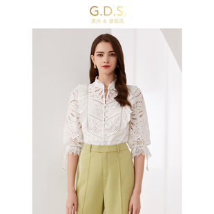 gds澳洲度假风镂空绣花衬衫，女高级感纯棉，白色中短袖蕾丝花边上衣