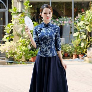 中式中国风改良版唐装女士古韵青花质感优雅旗袍上衣套装