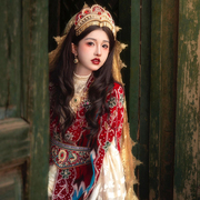 红色刺绣新疆喀什民族风旅拍写真服装哈萨克族表演服异域风情长裙