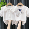 女童短袖衬衫2025夏装中大童纯棉娃娃领衬衣女孩夏季娃娃领白上衣