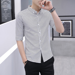 夏季条纹中袖衬衫男韩版修身短袖，寸衫男装潮流半袖，休闲七分袖衬衣