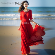 红色雪纺连衣裙长裙海南三亚拍照大摆裙收腰显瘦度假沙滩裙沙漠裙