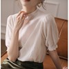 蕾丝针织短袖女夏季镂空微透半高领t恤薄款泡泡袖小众针织衫上衣