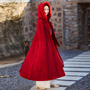红色汉服斗篷女中长款连帽袍子中国风女装古风外套春秋加厚披风仙