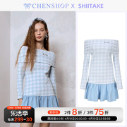 shiitake棋盘格毛巾布一字(布，一字)领露肩长袖连衣裙chenshop设计师品牌
