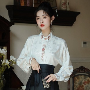 新中式国风汉服重工衬衫白色上衣配提花马面裙高级感小个子上班穿