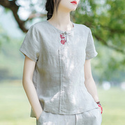 亚麻中式国风t恤复古女装夏季2024宽松棉麻上衣短款短袖小衫
