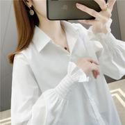 白色灯笼袖衬衫女宽松中长款韩版衬衣2022春秋泡泡袖气质上衣