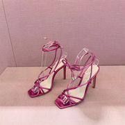 折扣schutz巴西夏玫，粉色牛皮细高跟绑带，简约时尚凉鞋
