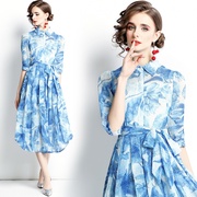 蓝色印花衬衫裙子春季休闲气质女装翻领，系带雪纺连衣裙跨境