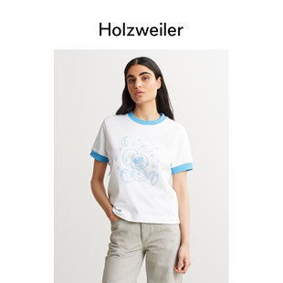 男女同款holzweiler小衣架，logo蓝色拼色兔子，涂鸦图案短袖t恤