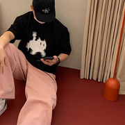 韩国男装搞怪视觉系印花可爱小猫潮流减龄设计感宽松短袖T恤