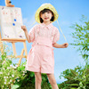 女童套装夏季2024儿童，薄款韩版大童条纹，衬衫粉色背带裤两件套