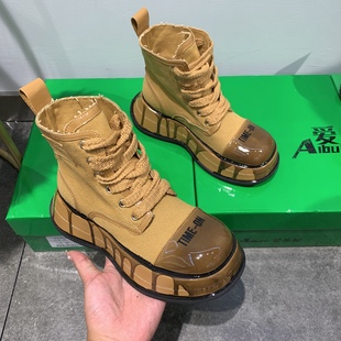 欧货热门高帮帆布短靴，松糕厚底增高百搭拼色2022马丁靴潮