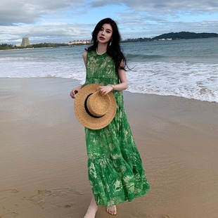 绝美森系绿色碎花无袖连衣裙海边度假风宽松气质飘逸大摆沙滩长裙
