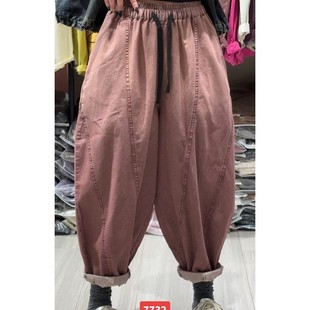 2025春秋新款复古做旧磨白牛仔裤女宽松抽绳松紧腰百搭哈伦裤垮裤