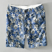 夏季男士亚麻短裤，休闲五分裤椰子树印花沙滩裤，宽松直筒裤衩工装裤