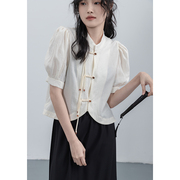觅定新中式盘扣上衣女装夏季黑色国风复古设计感小众白色短袖衬衫