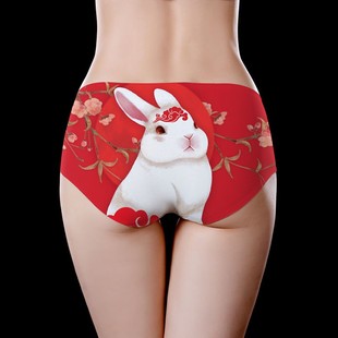 本命年内裤女大红色性感中腰大码兔子冰丝无痕少女兔年三角短裤头