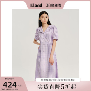 eland衣恋海军领格纹连衣裙，秋季泡泡袖司马克，裙子女夏季