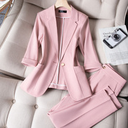 粉色小西装外套女夏装七分袖时尚气质休闲小个子中袖西服套装薄款