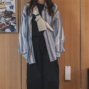 MRDONG韩国男女款轻薄亚麻混纺设计师竖条纹防晒阔版长袖衬衫
