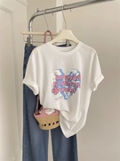 韩系正肩爱心字母印花白色短袖t恤女夏季显瘦体恤减龄设计感上衣