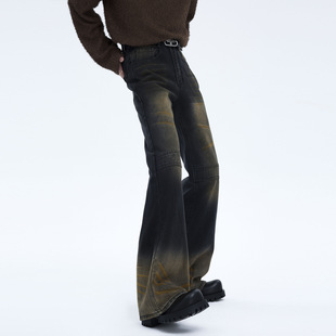 锈色复古微喇牛仔裤男拼接设计感男生小众潮牌加长版高个子(高个子)裤子