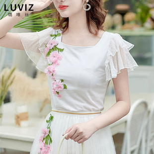 韩版短袖t恤女淑女，仙女蕾丝春夏上衣，方领立体花朵洋气白色小衫