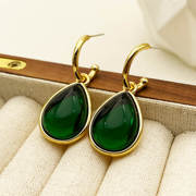 法式复古水滴祖母绿宝石耳环，高级感轻奢，小众设计中古耳饰