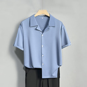 夏季古巴领浅蓝色衬衣，男前后开叉不对称冰丝，短袖衬衫薄款休闲上衣