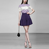 夏季女装2024气质撞色蕾丝上衣T恤紫色高腰短裙裙子套装