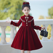 女童连衣裙秋冬小女孩洋气公主，裙时髦中大童儿童，红色丝绒裙子冬季