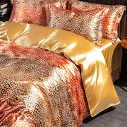 金色豹纹真丝四件套裸睡丝滑被单三件套欧美风斑马纹数码印花被套