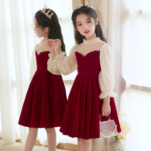 定制儿童晚礼服春季女童红色公主裙长袖花童礼服小女孩钢琴演奏演