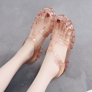 夏季包头凉鞋女低跟平底透明水晶果冻鞋网红小红凉鞋