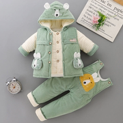 男宝宝冬装婴儿棉衣三件套装加厚0-2岁女棉袄棉服马甲背带裤冬季