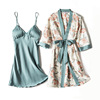 春夏女性感真丝睡衣两件套吊带长袖睡袍薄款丝绸印花家居服带胸垫