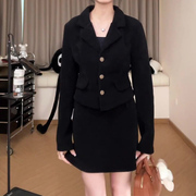 时尚黑色西装长袖短款v领排扣外套女减龄休闲2023秋冬季韩系穿搭