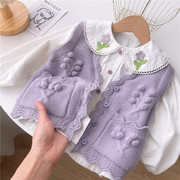 韩系童装秋季女宝针织马甲洋气时髦女童开衫背心婴儿小童毛衣坎肩