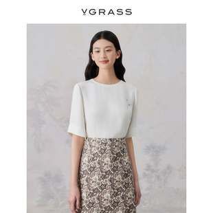 vgrass气质白色100桑，蚕丝上衣夏季休闲短袖，t恤女vsx1o21180