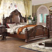 美式实木真皮床双人床，1.8米主卧雕花欧式床，柱子床婚床复古皮艺床