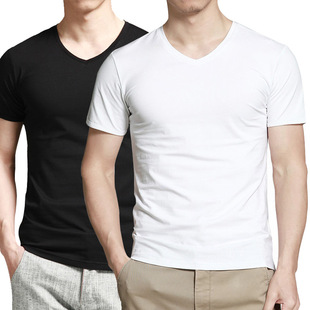 夏季时尚男士短袖t恤莱卡棉透气大小码，白色圆v领打底半袖衫薄款