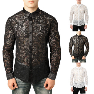 外贸亚马逊中世纪复古风男式透视花朵蕾丝透明衬衫长袖系扣衬衫。