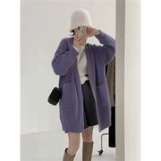 紫色毛衣外套女冬无扣慵懒温，柔风加厚气质，中长款针织开衫上衣
