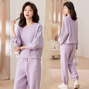 紫色刺绣韩系慵懒风圆领卫，衣女设计感时尚运动休闲两件套装