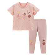 女童粉红色短袖套装儿童打底裤子，夏季套装宝宝纯棉，半袖t恤两件套2