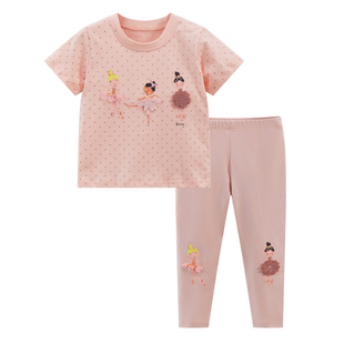 女童粉红色短袖套装儿童打底裤子夏季套装宝宝纯棉半袖t恤两件套2
